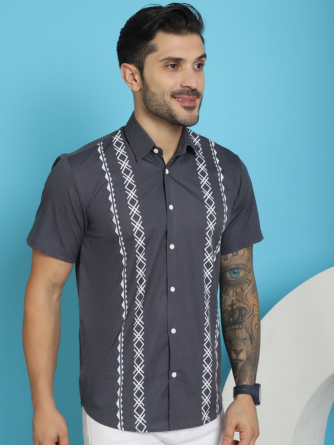 Indian Needle Men's Printed Half Sleeve Lycra Shirt - Charcoal | Swadesiicart