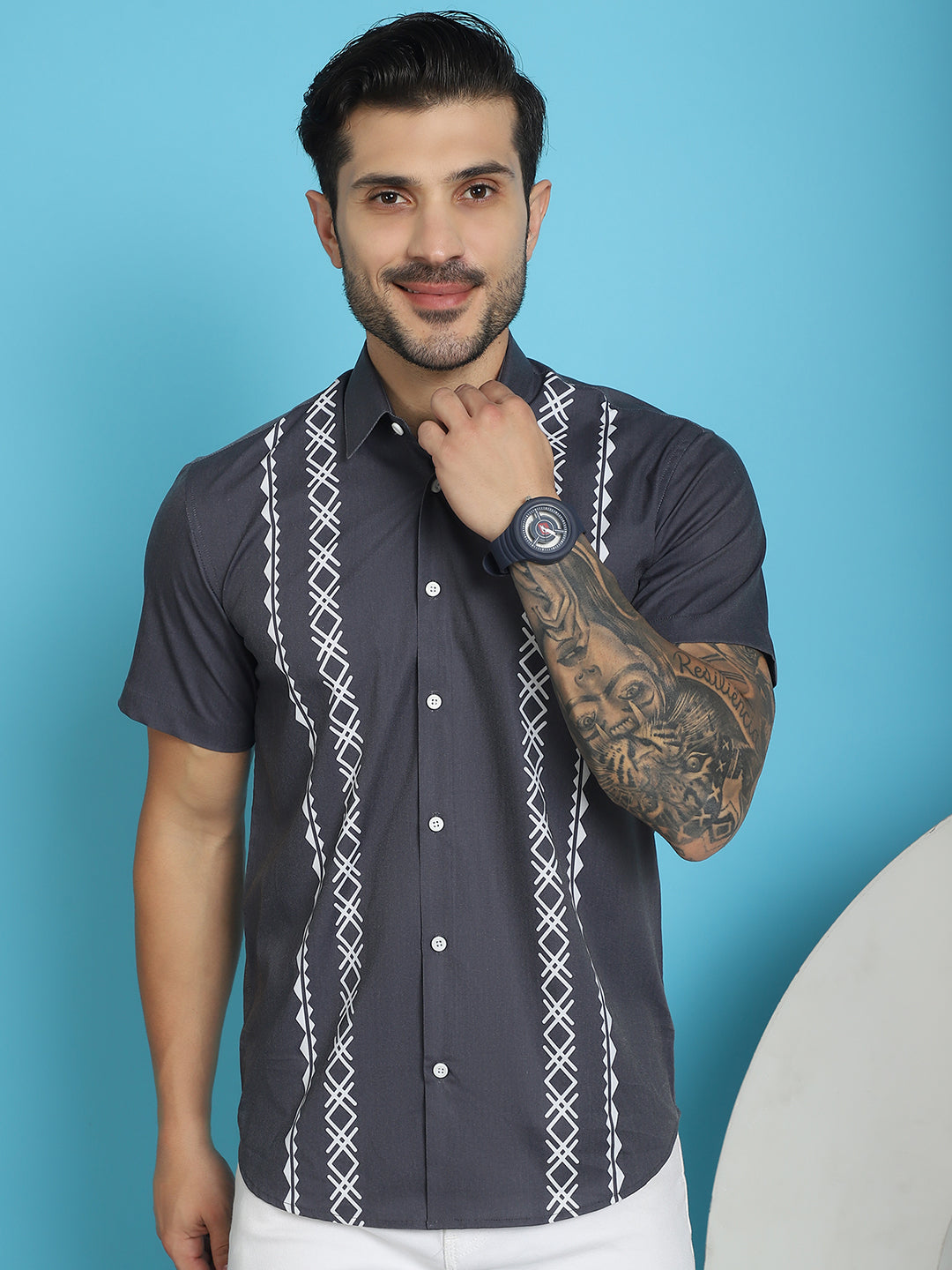 Indian Needle Men's Printed Half Sleeve Lycra Shirt - Charcoal | Swadesiicart