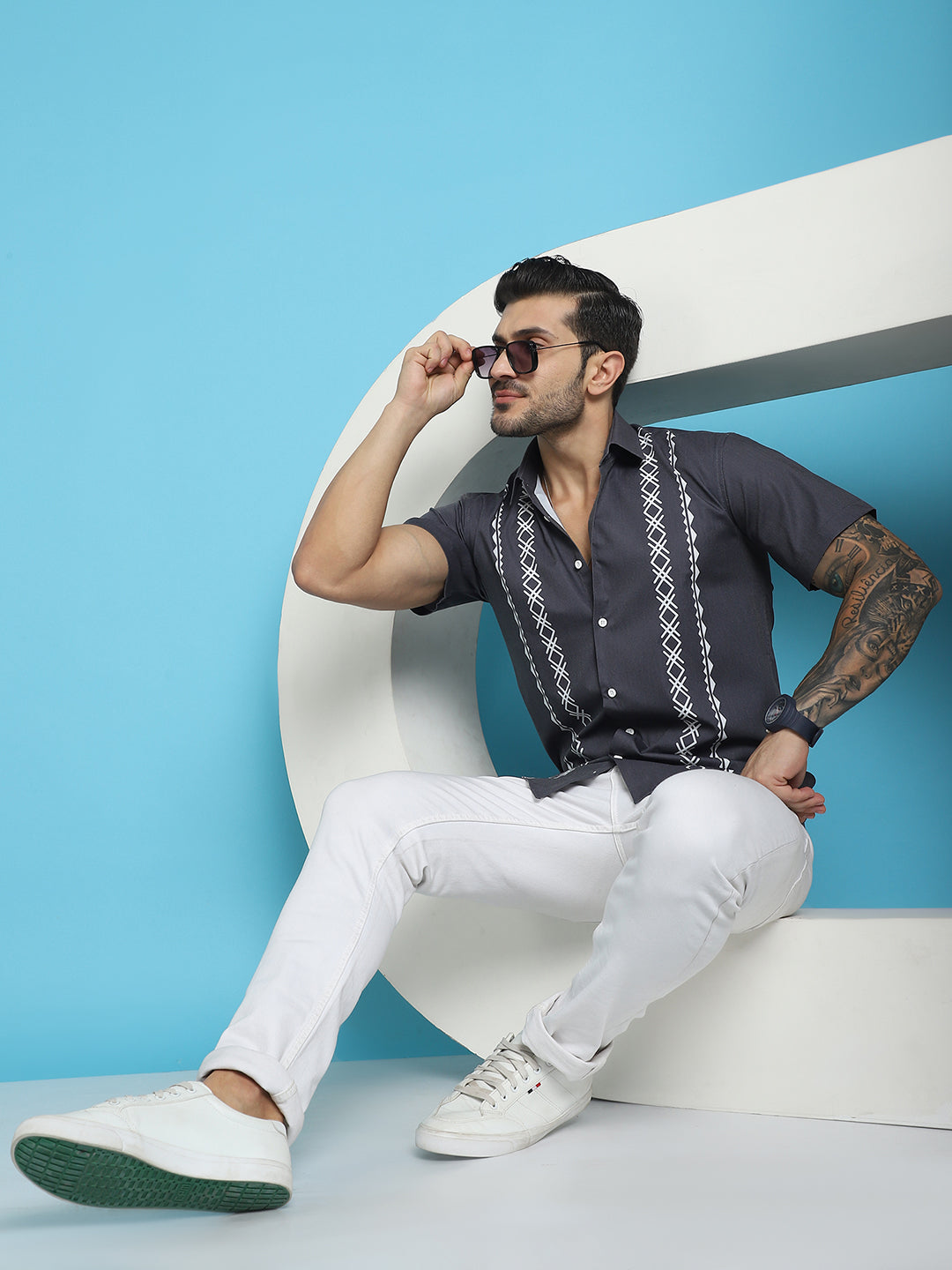 Indian Needle Men's Printed Half Sleeve Lycra Shirt - Charcoal | Swadesiicart