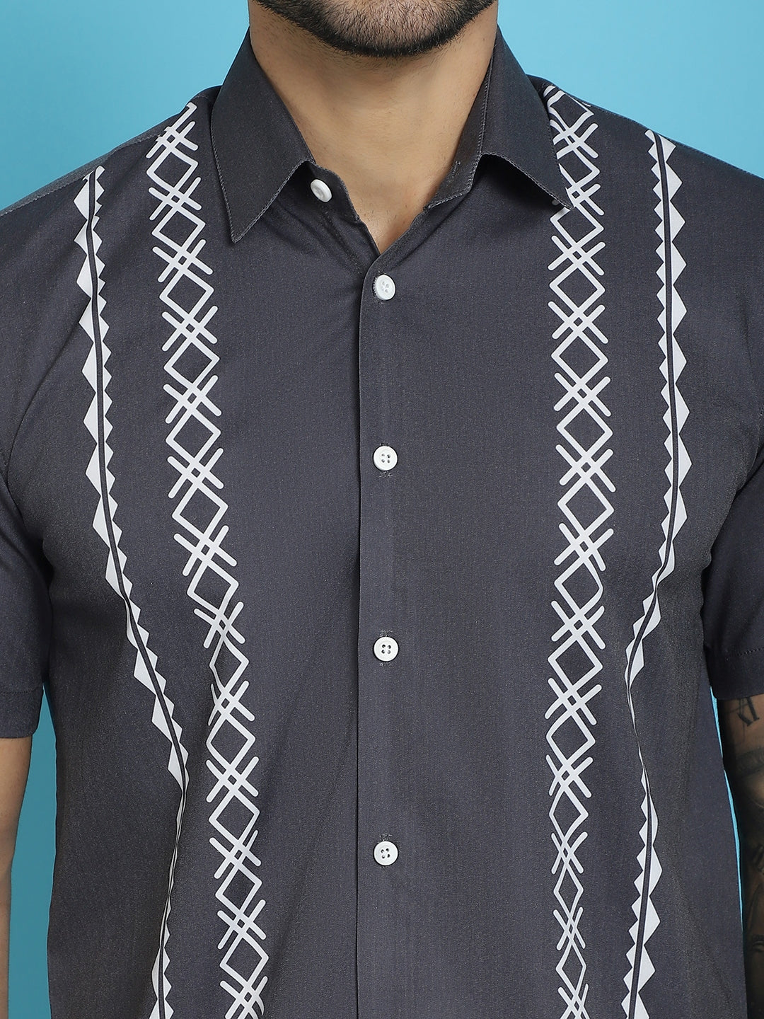 Indian Needle Men's Printed Half Sleeve Lycra Shirt - Charcoal | Swadesiicart