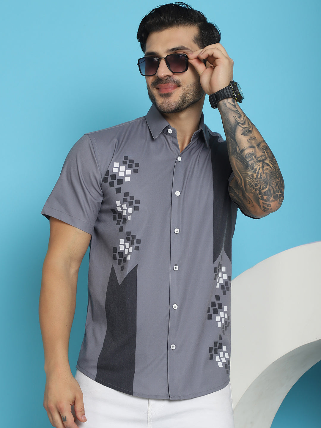 Indian Needle Men's Printed Half Sleeve Lycra Shirt - Grey | Swadesiicart