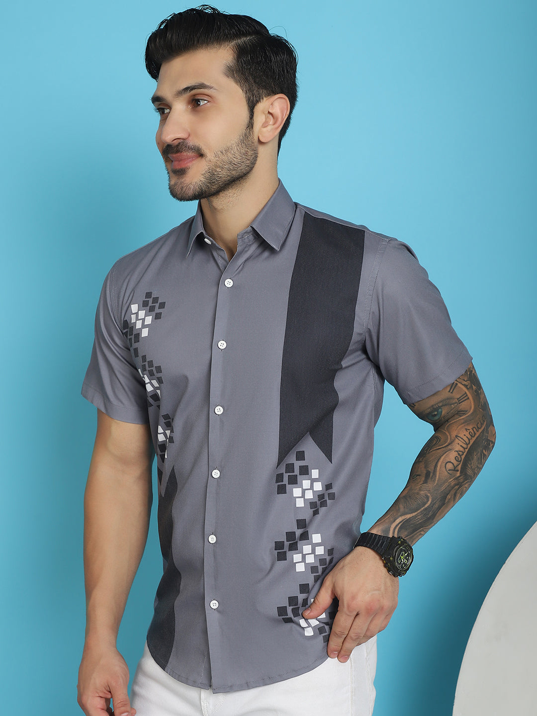 Indian Needle Men's Printed Half Sleeve Lycra Shirt - Grey | Swadesiicart