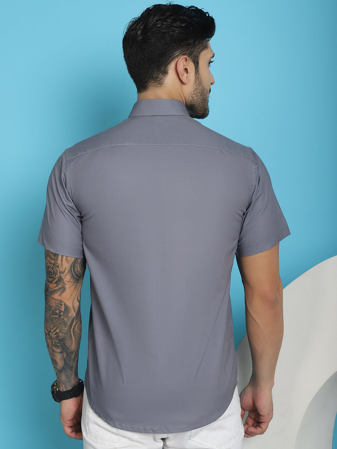 Indian Needle Men's Printed Half Sleeve Lycra Shirt - Grey | Swadesiicart