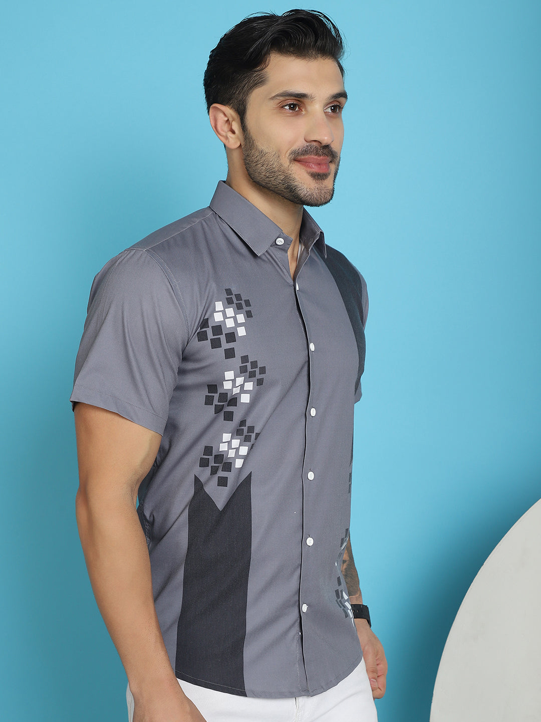Indian Needle Men's Printed Half Sleeve Lycra Shirt - Grey | Swadesiicart