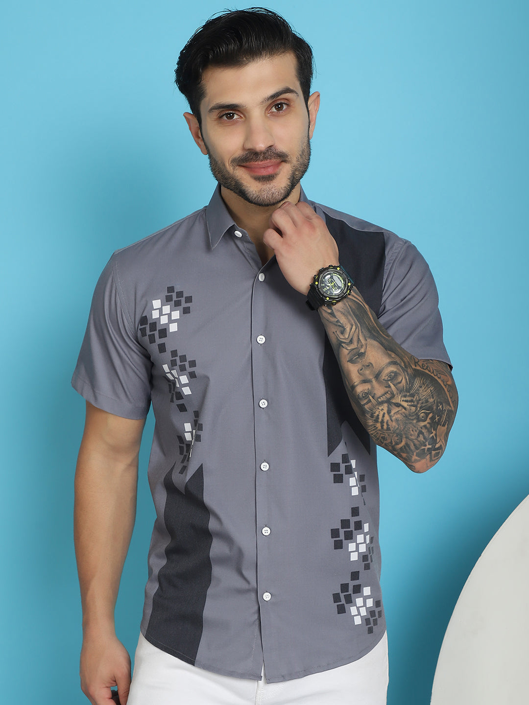 Indian Needle Men's Printed Half Sleeve Lycra Shirt - Grey | Swadesiicart