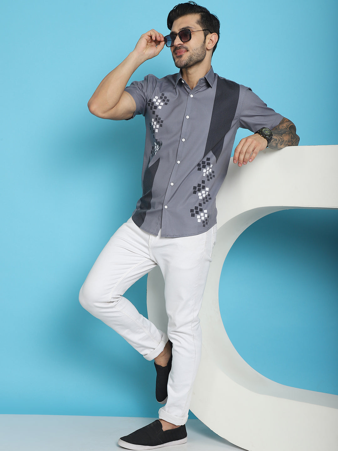 Indian Needle Men's Printed Half Sleeve Lycra Shirt - Grey | Swadesiicart