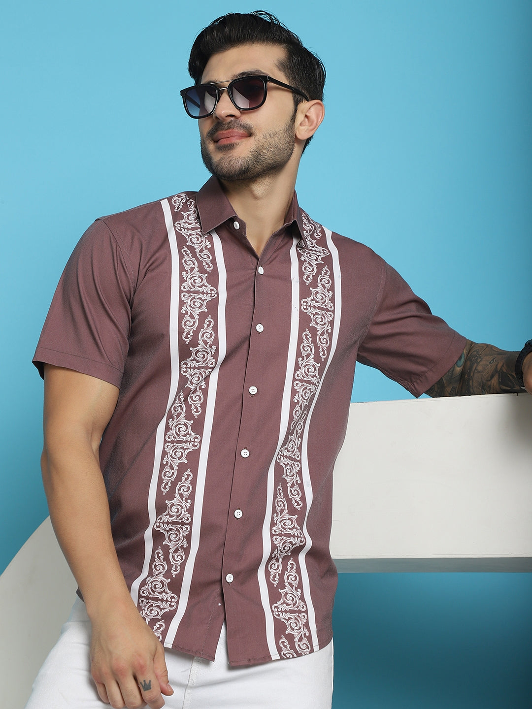 Indian Needle Men's Printed Half Sleeve Lycra Shirt - Magenta | Swadesiicart