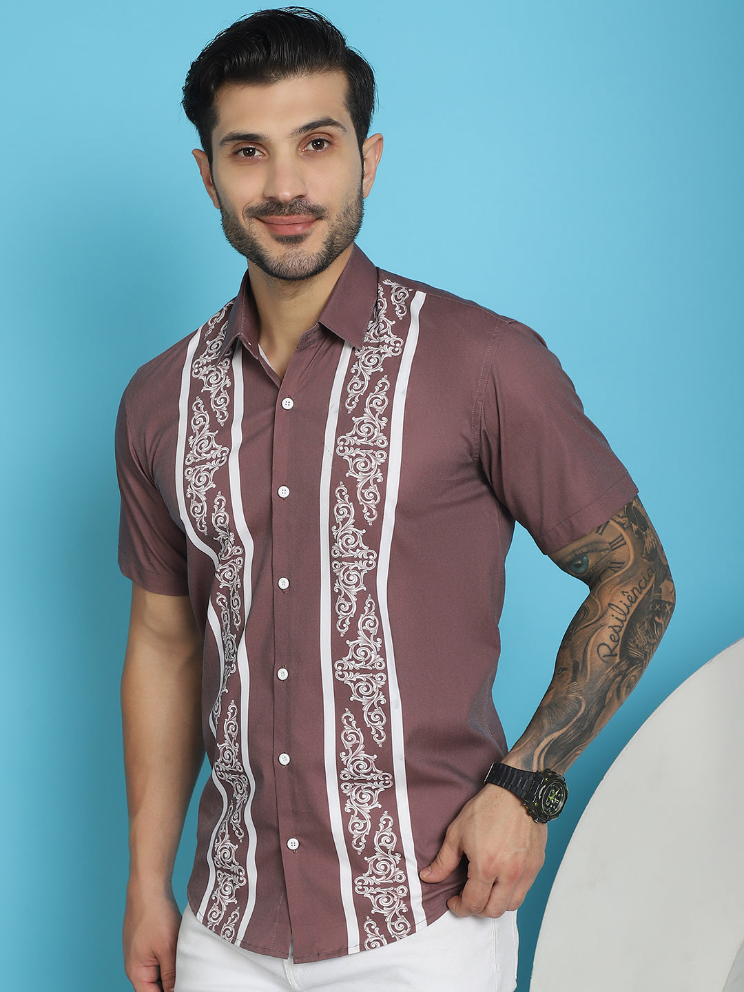 Indian Needle Men's Printed Half Sleeve Lycra Shirt - Magenta | Swadesiicart