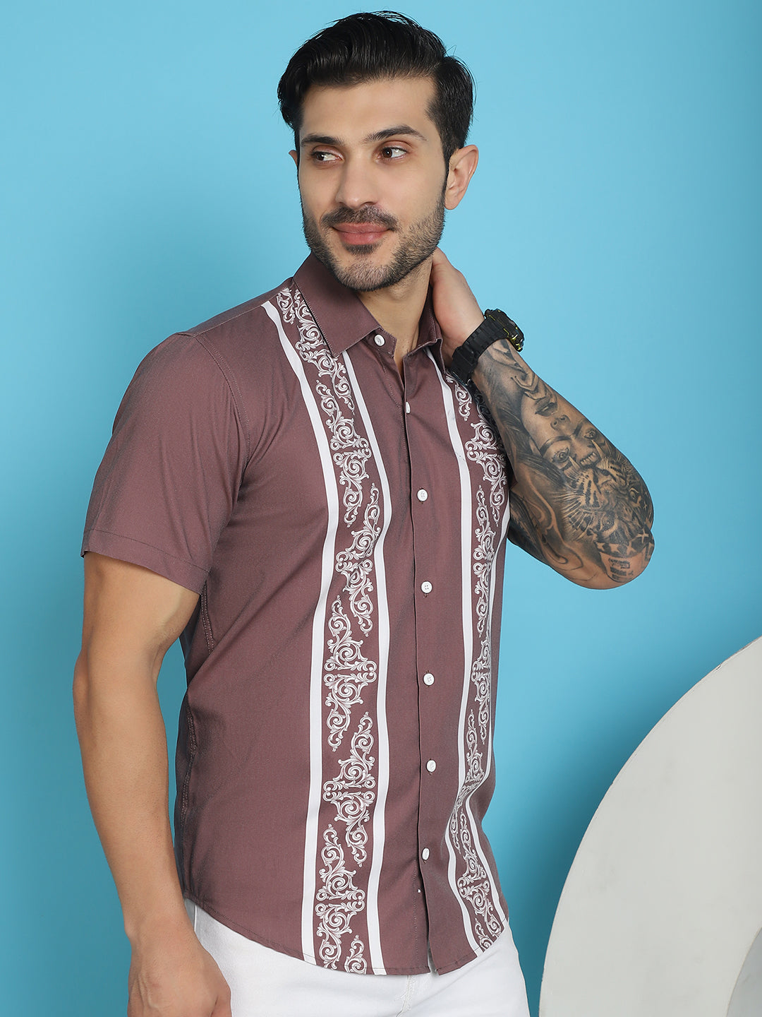 Indian Needle Men's Printed Half Sleeve Lycra Shirt - Magenta | Swadesiicart