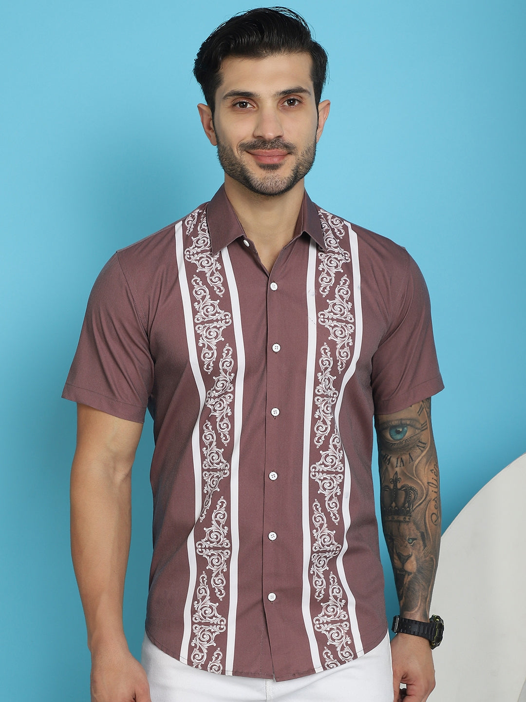 Indian Needle Men's Printed Half Sleeve Lycra Shirt - Magenta | Swadesiicart