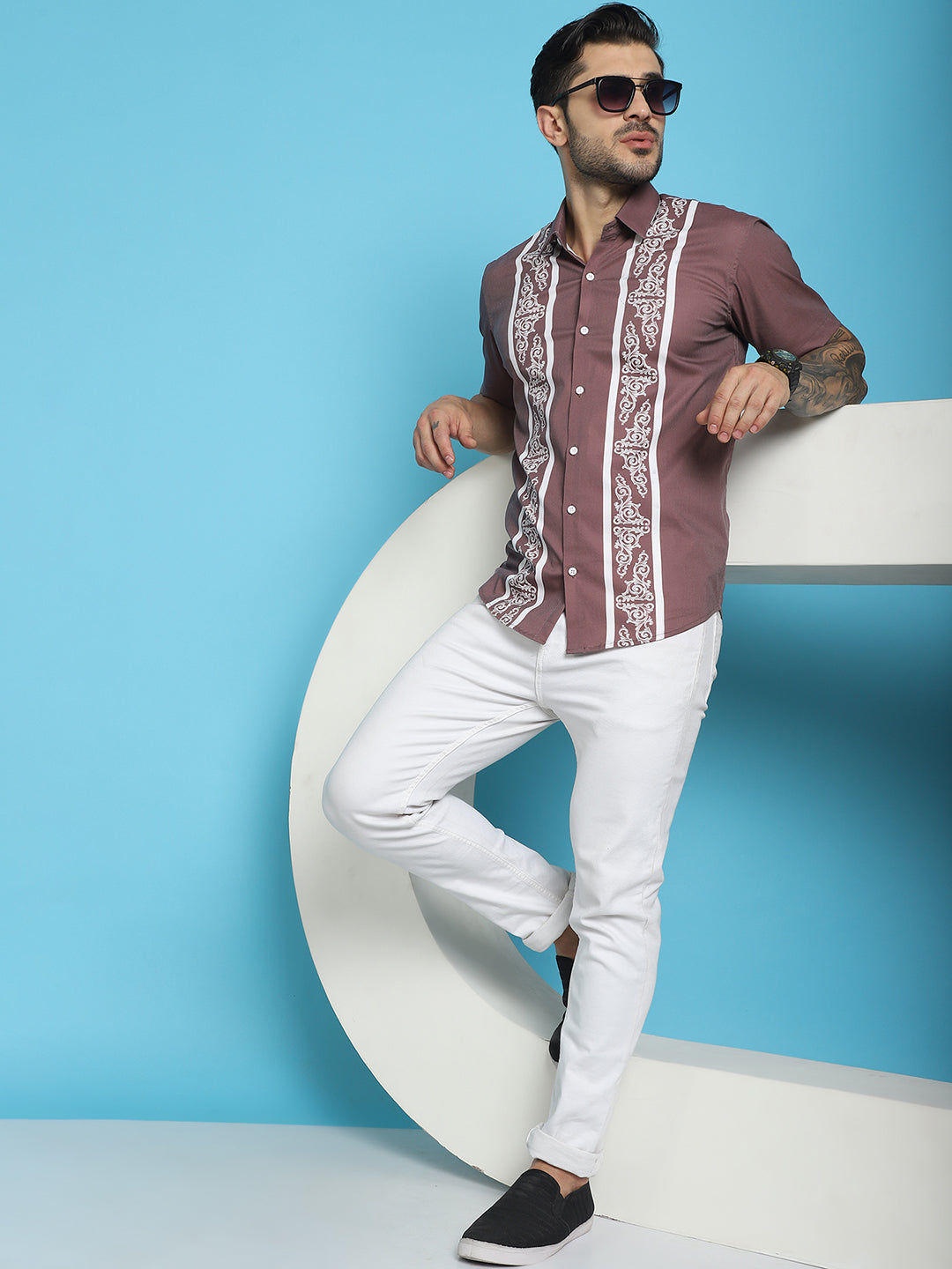 Indian Needle Men's Printed Half Sleeve Lycra Shirt - Magenta | Swadesiicart