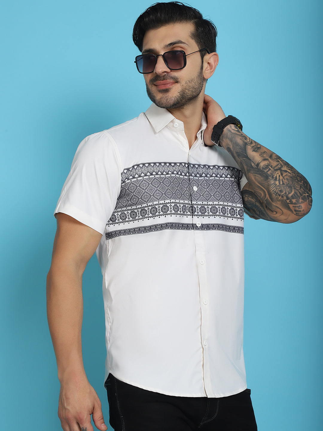 Indian Needle Men's Printed Half Sleeve Lycra Shirt - White | Swadesiicart