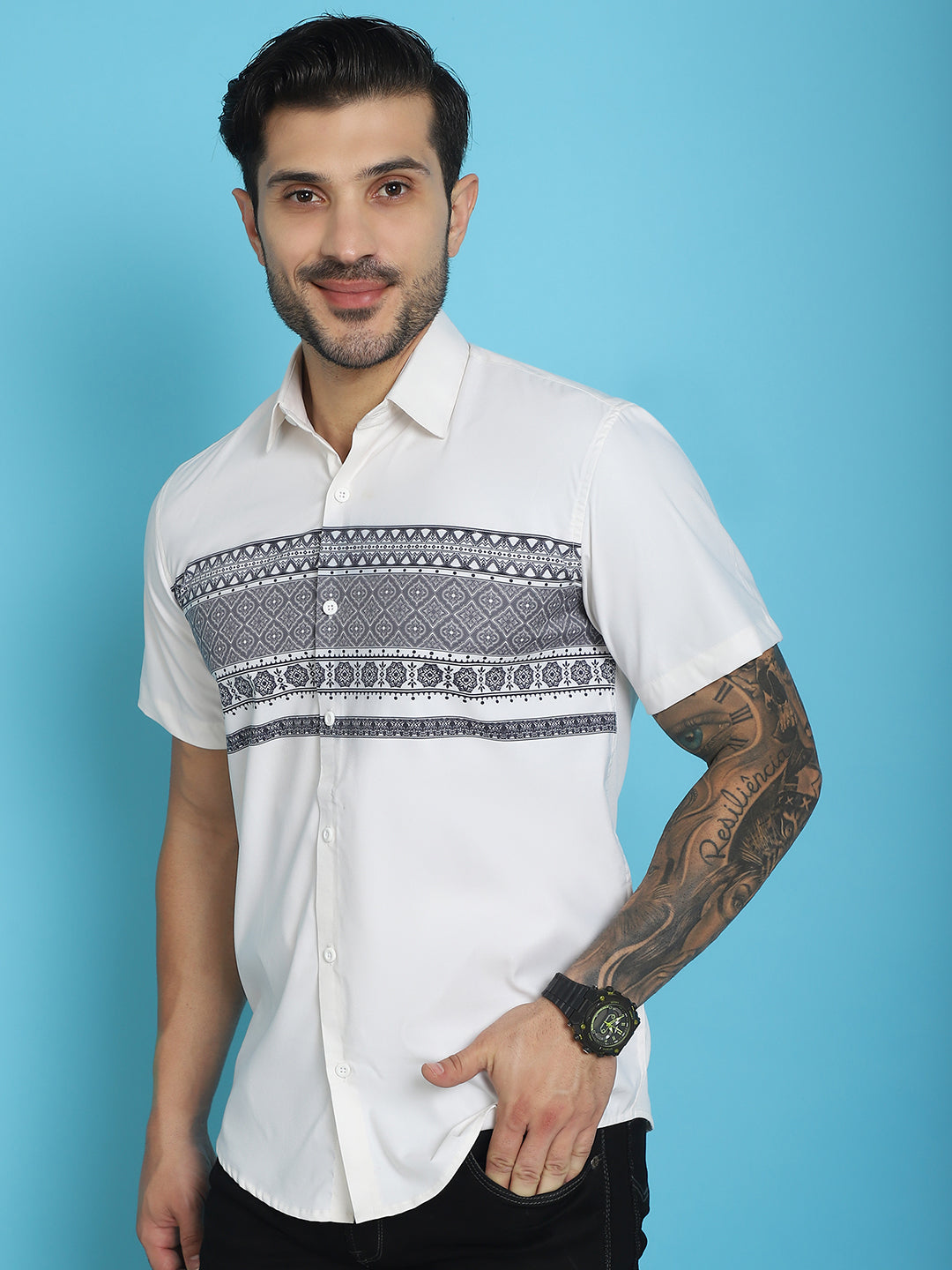 Indian Needle Men's Printed Half Sleeve Lycra Shirt - White | Swadesiicart