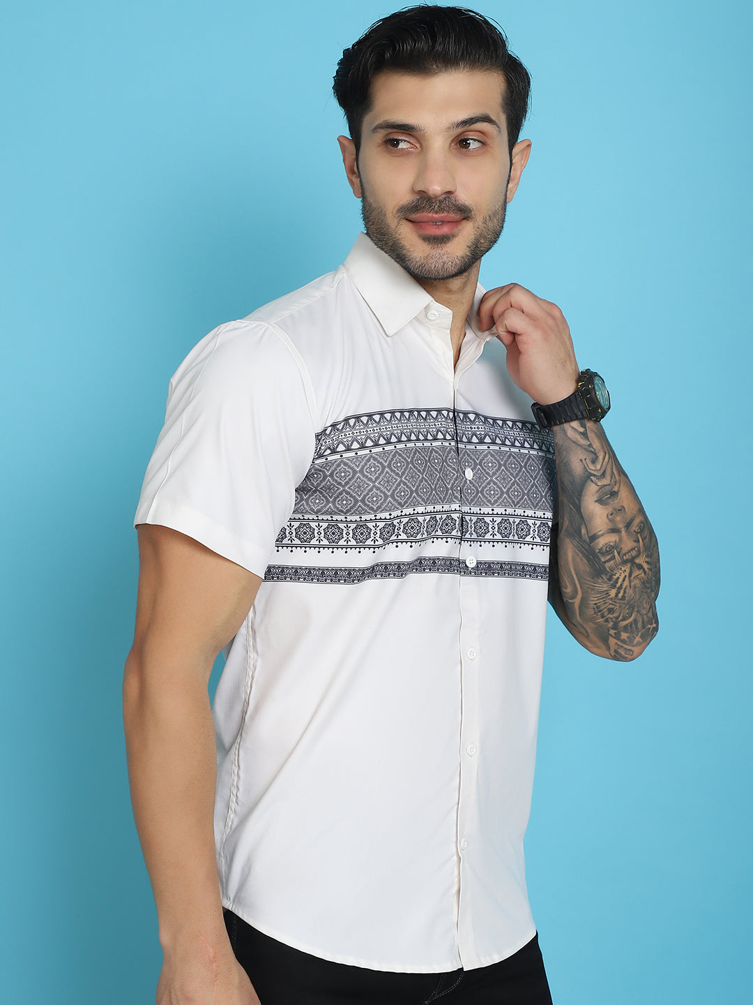Indian Needle Men's Printed Half Sleeve Lycra Shirt - White | Swadesiicart