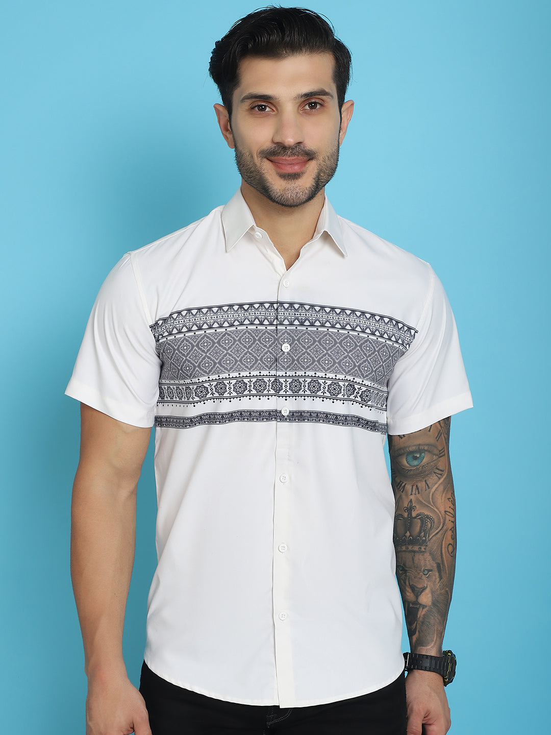 Indian Needle Men's Printed Half Sleeve Lycra Shirt - White | Swadesiicart