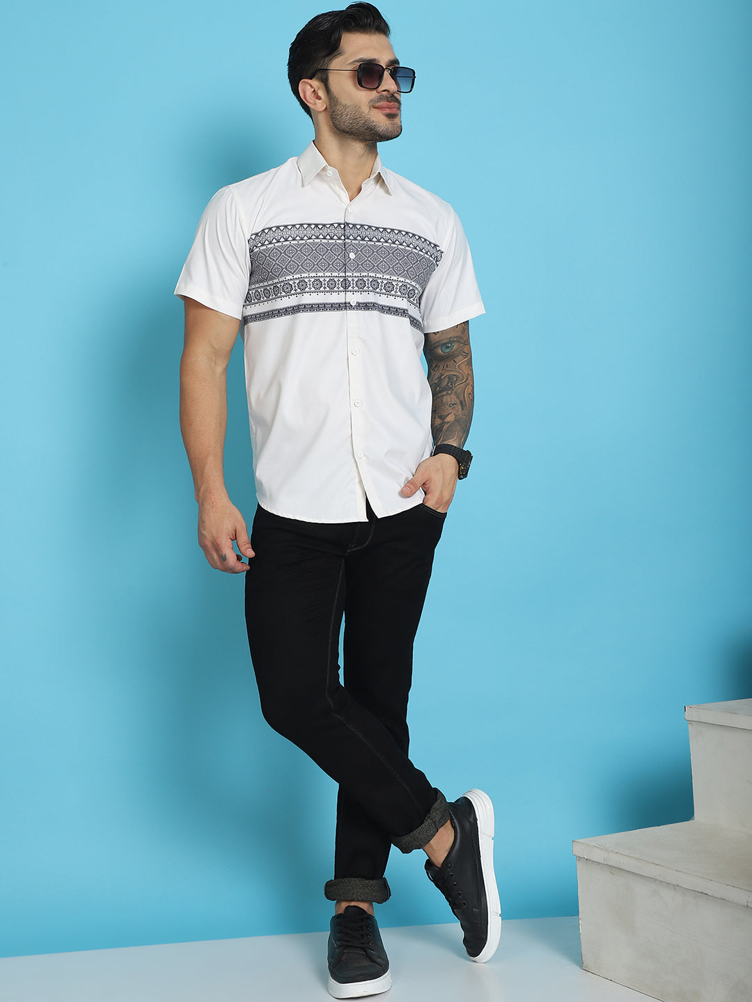 Indian Needle Men's Printed Half Sleeve Lycra Shirt - White | Swadesiicart