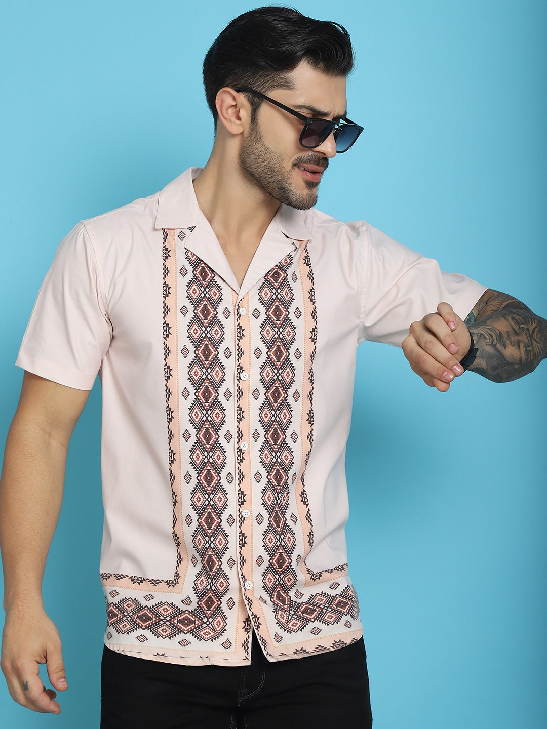 Indian Needle Men's Printed Half Sleeve Lycra Shirt - Pink | Swadesiicart