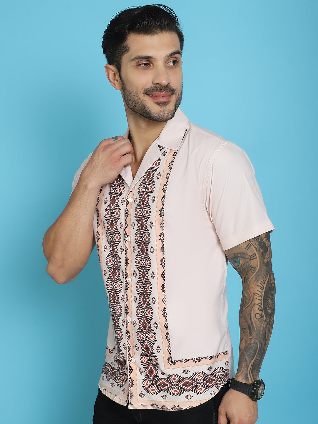 Indian Needle Men's Printed Half Sleeve Lycra Shirt - Pink | Swadesiicart