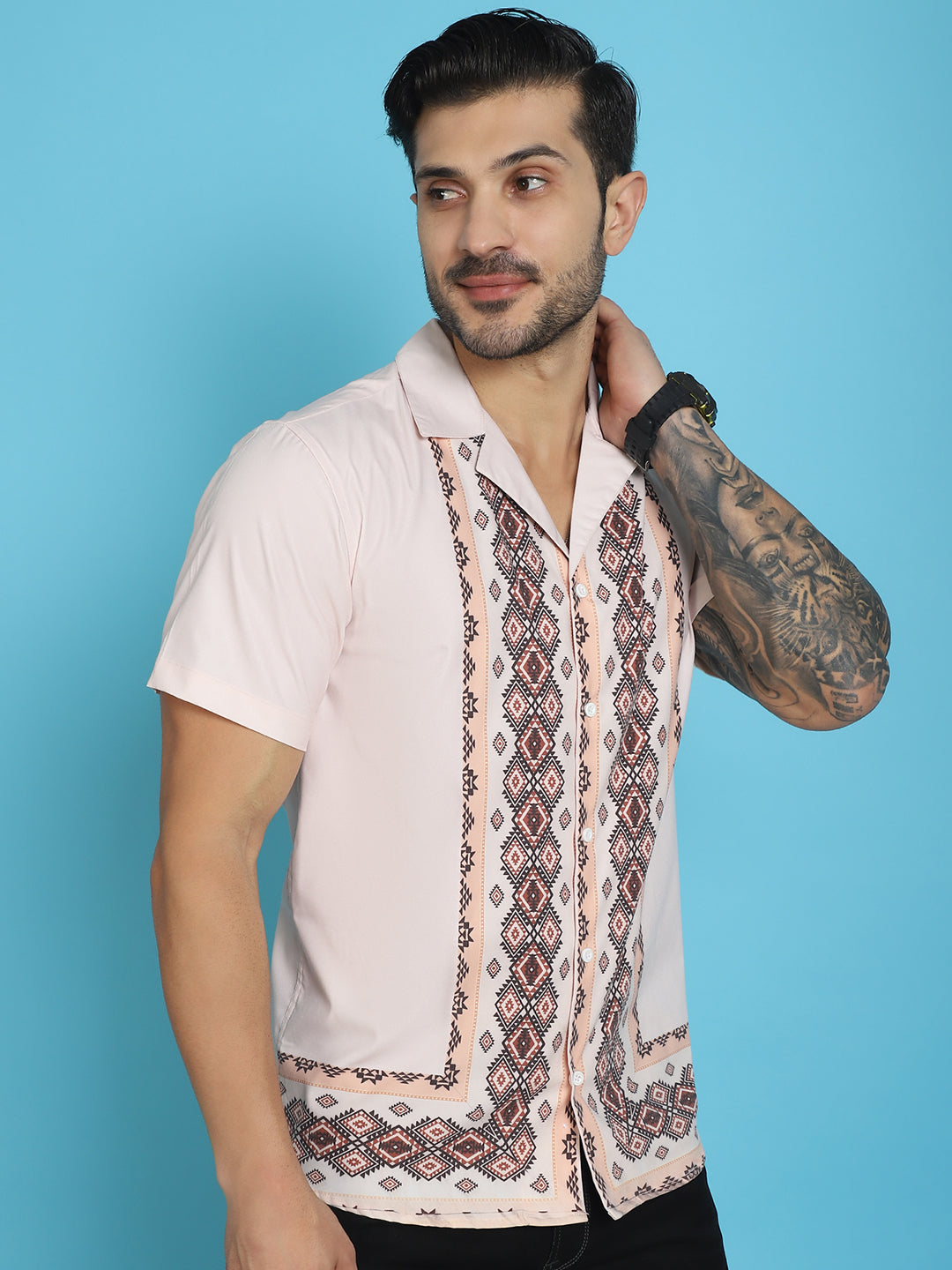 Indian Needle Men's Printed Half Sleeve Lycra Shirt - Pink | Swadesiicart