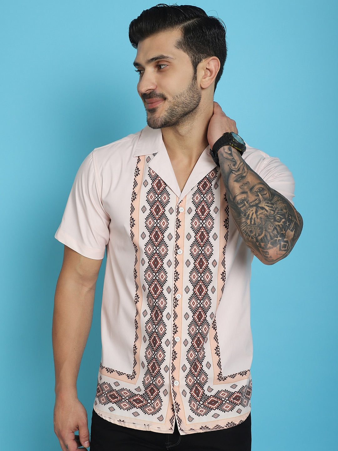 Indian Needle Men's Printed Half Sleeve Lycra Shirt - Pink | Swadesiicart