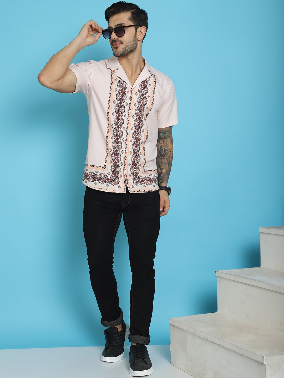 Indian Needle Men's Printed Half Sleeve Lycra Shirt - Pink | Swadesiicart