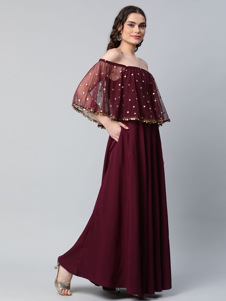 Ahalyaa Women Wine Colour Crepe & Net Gold Printed Dress | Swadesiicart