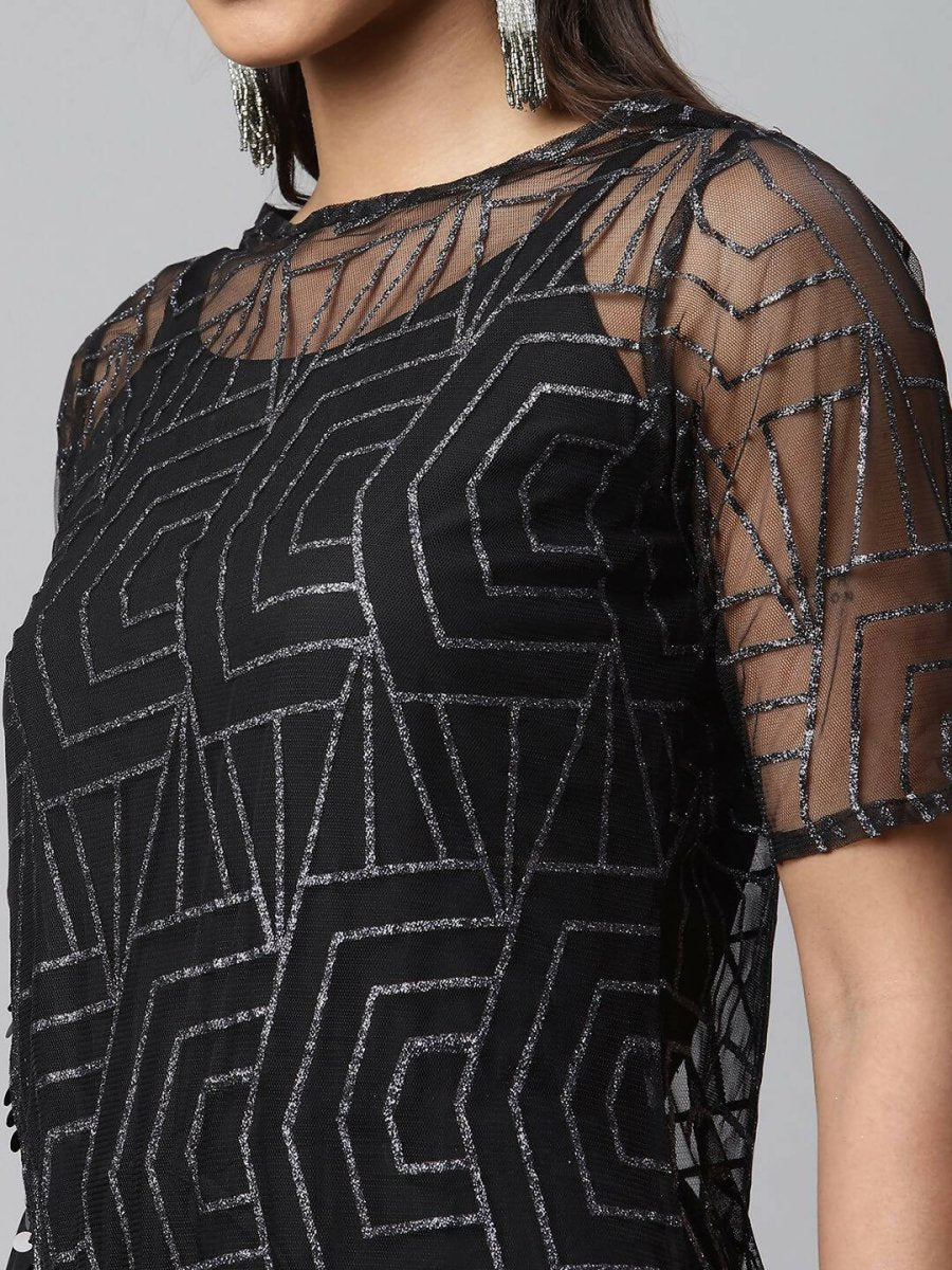 Ahalyaa Womens Black Crepe & Net Glitter Print Jumpsuit - Swadesiicart