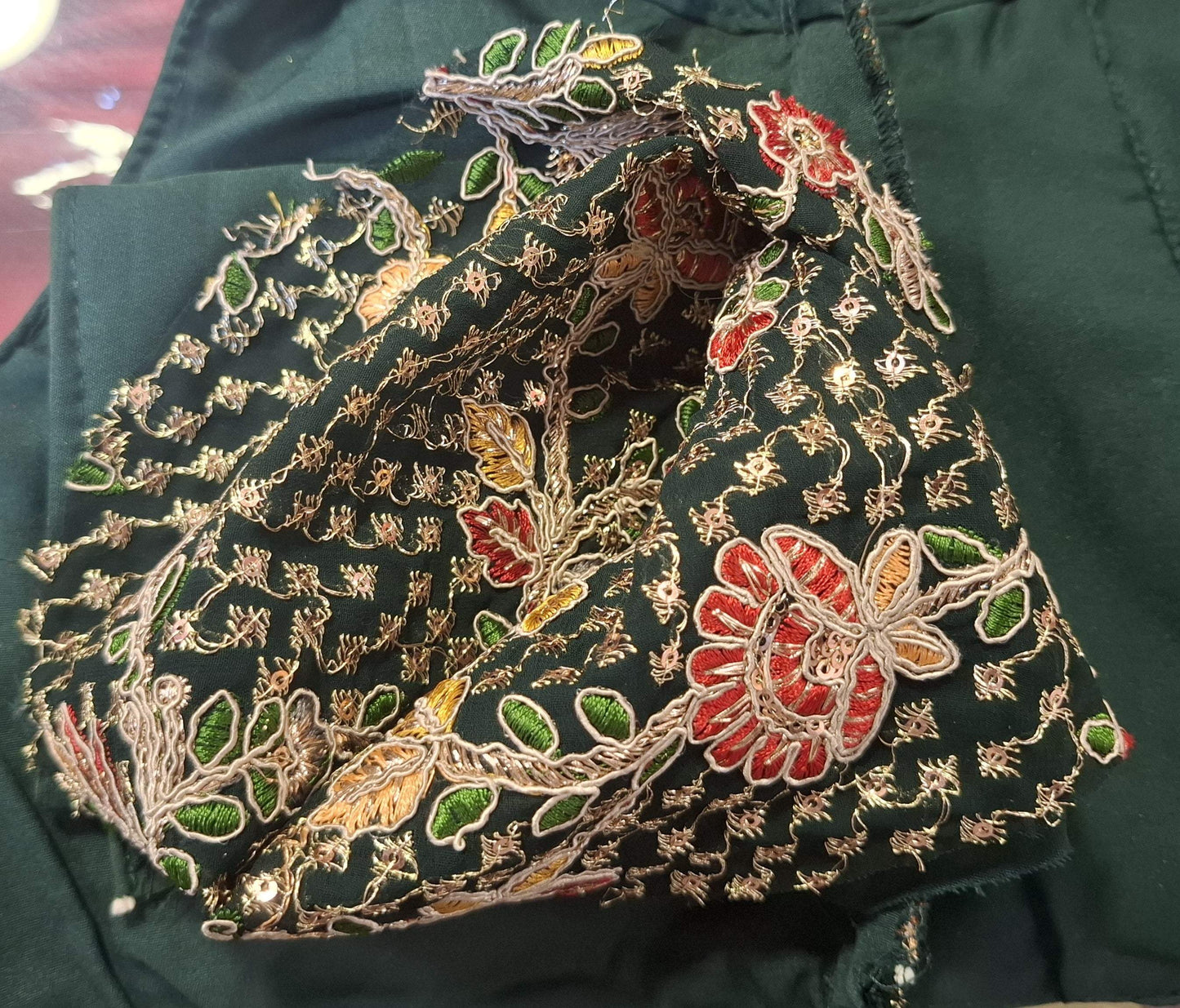 Kia Fashions Bottle Green Georgette Multi Color Emb & Sqn Readymade Blouse - Swadesiicart