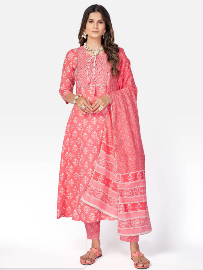 NOZ2TOZ Women Pink Anarkali Cotton Kurta With Pant & Dupatta (3pcs Set) - Noz2Toz