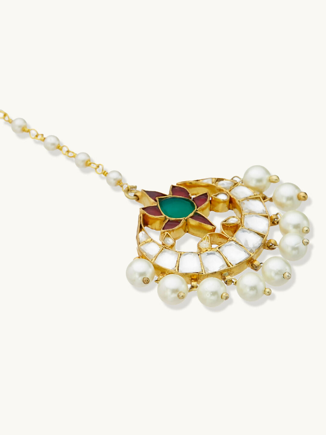 Nuyug 22K Gold-Plated Green Stone & Kundan Studded with Pearl Drop Maang Tikka Head Jewellery | Swadesiicart
