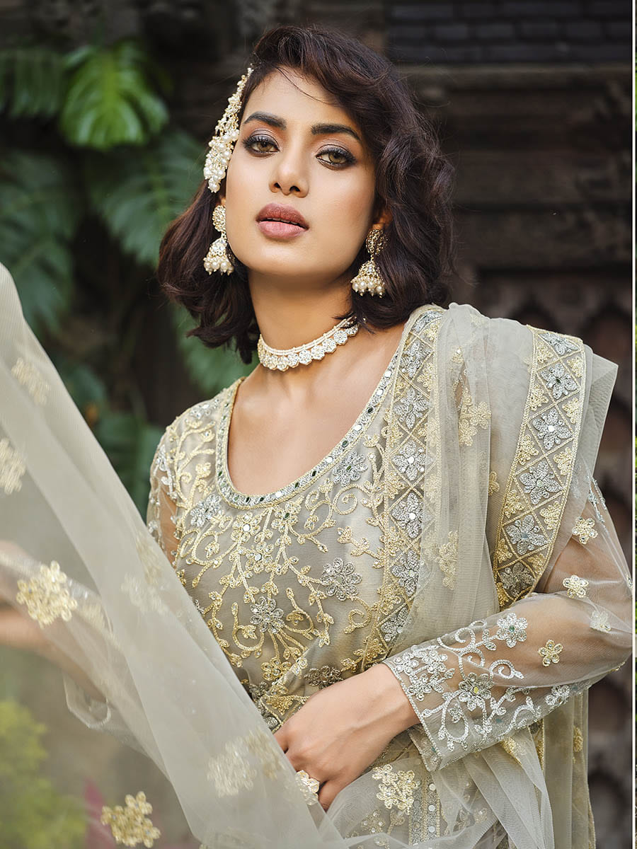 Myra Dusty Grey Butterfly Net Heavy Embroidered Designer Anarkali Suit | Swadesiicart