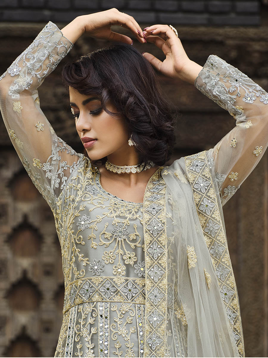 Myra Dusty Grey Butterfly Net Heavy Embroidered Designer Anarkali Suit | Swadesiicart