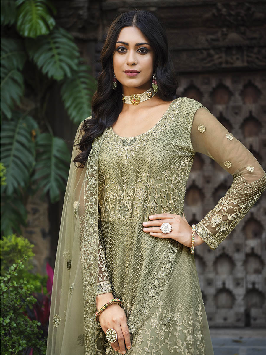 Myra Dusty Beige Butterfly Net Heavy Embroidered Designer Anarkali Suit | Swadesiicart