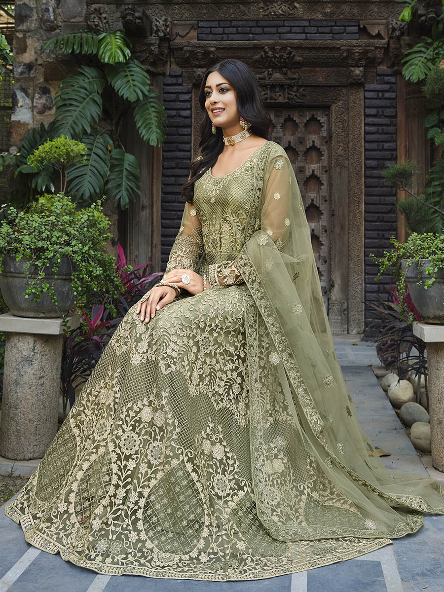 Myra Dusty Beige Butterfly Net Heavy Embroidered Designer Anarkali Suit | Swadesiicart