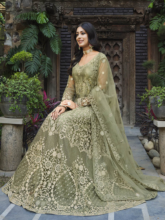 Myra Dusty Beige Butterfly Net Heavy Embroidered Designer Anarkali Suit | Swadesiicart