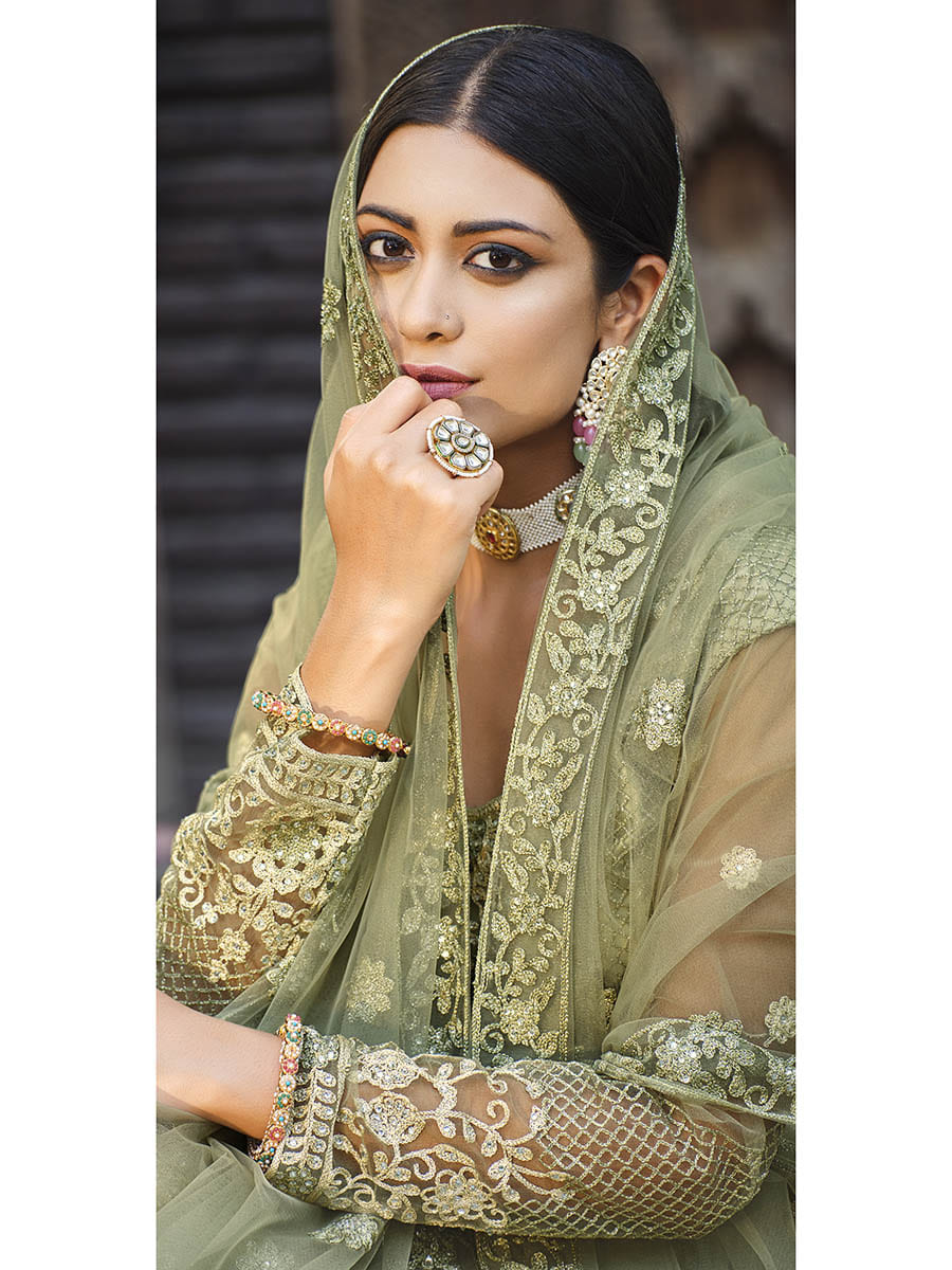 Myra Dusty Beige Butterfly Net Heavy Embroidered Designer Anarkali Suit | Swadesiicart