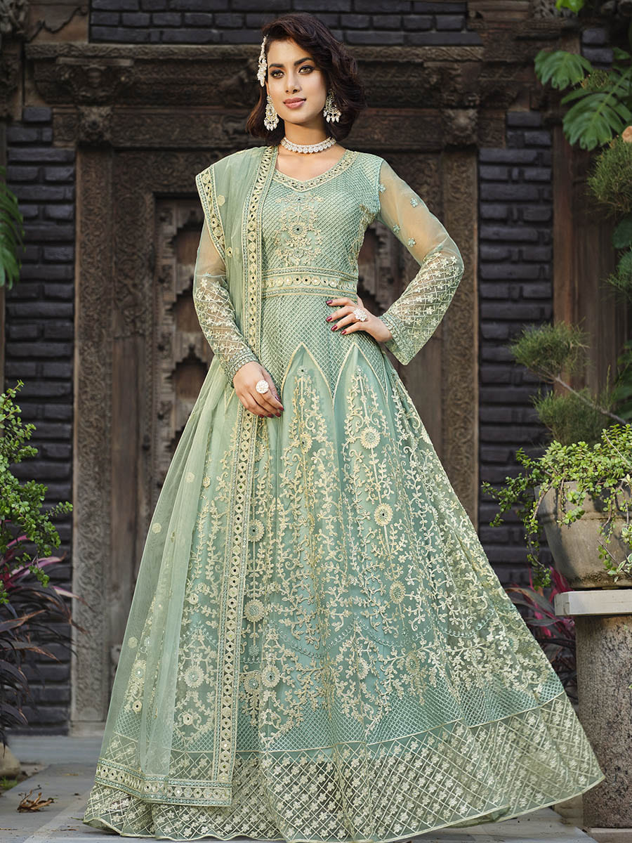 Myra Dusty Pista Butterfly Net Heavy Embroidered Designer Anarkali Suit | Swadesiicart