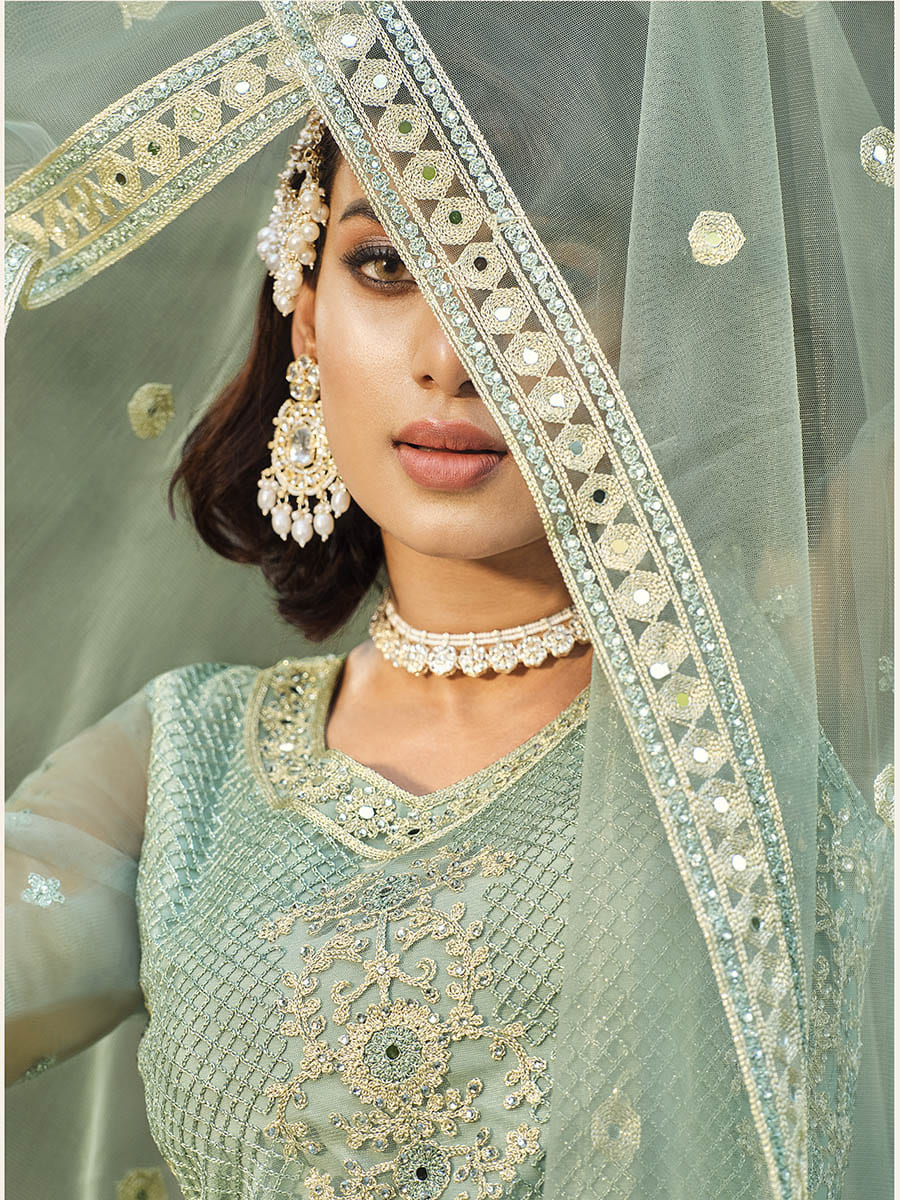 Myra Dusty Pista Butterfly Net Heavy Embroidered Designer Anarkali Suit | Swadesiicart