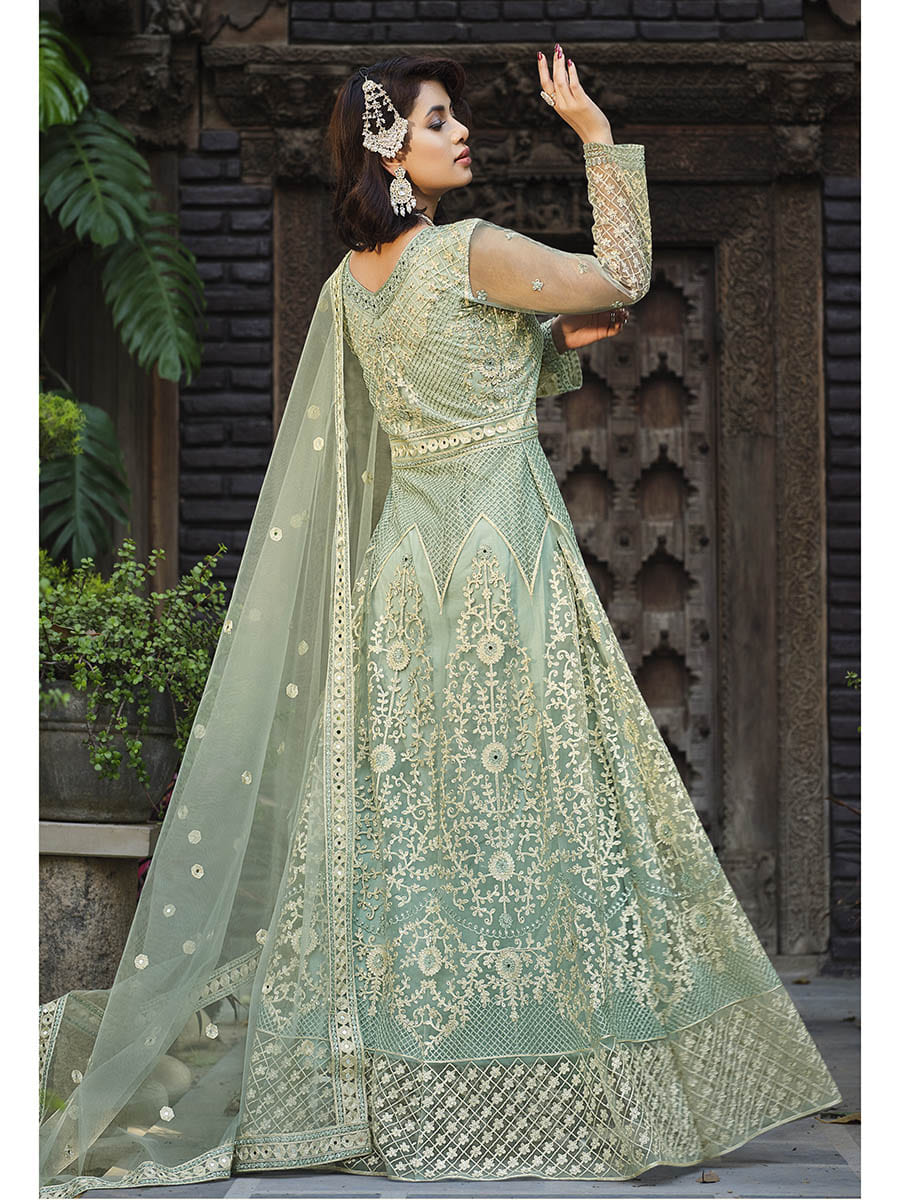 Myra Dusty Pista Butterfly Net Heavy Embroidered Designer Anarkali Suit | Swadesiicart