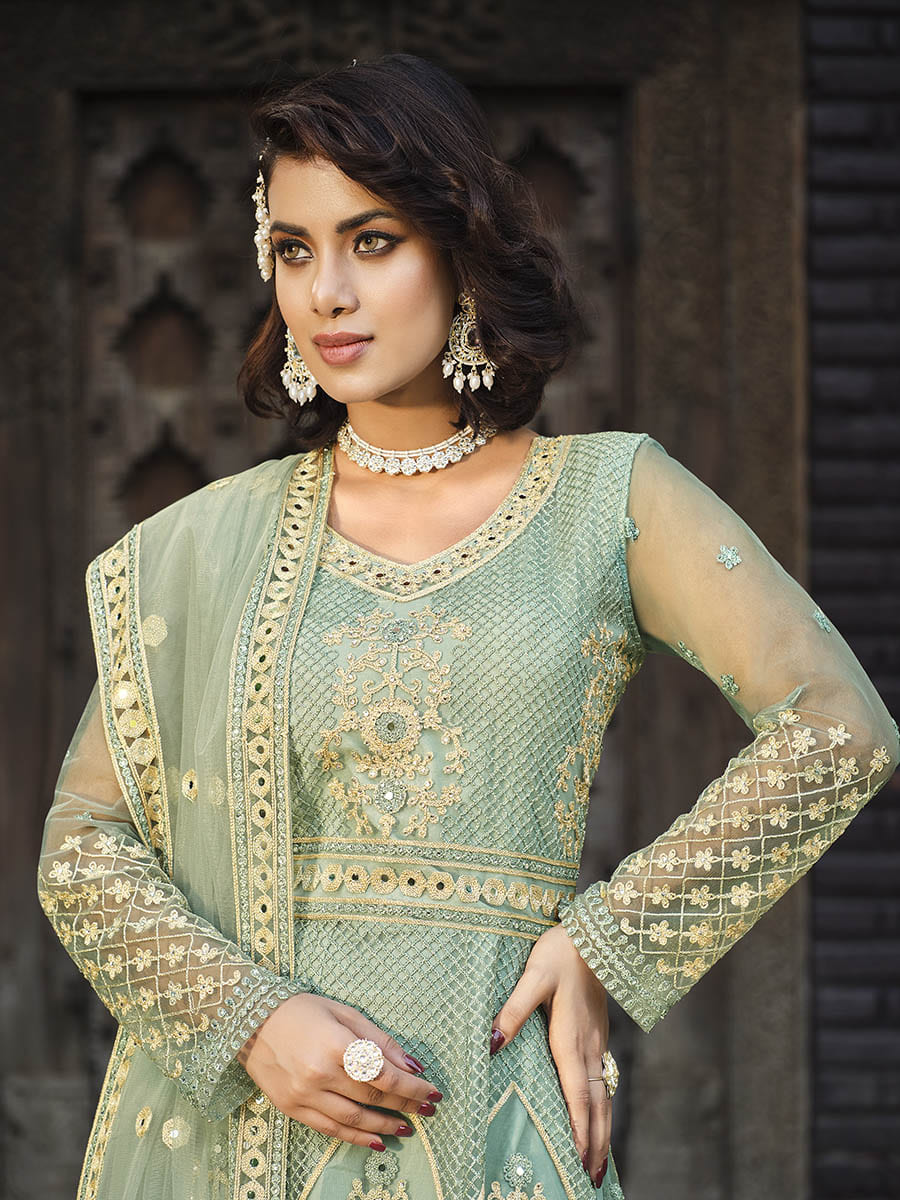 Myra Dusty Pista Butterfly Net Heavy Embroidered Designer Anarkali Suit | Swadesiicart