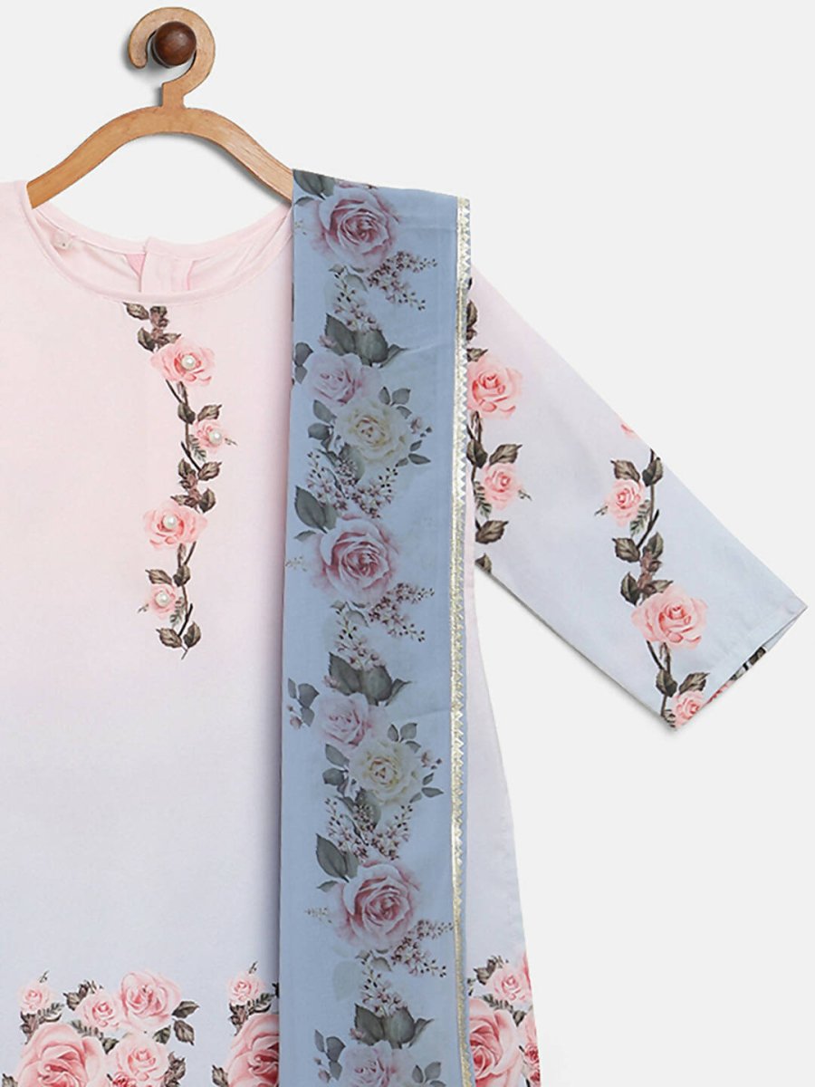 Ahalyaa Pink Crepe Floral Print Kids Kurta Sharara Set With Dupatta For Girls | Swadesiicart