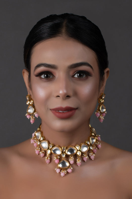 Peryl Women's Pearl & Pink Beaded Gold Tone Kundan Inspired Necklace With Earrings - Noz2Toz