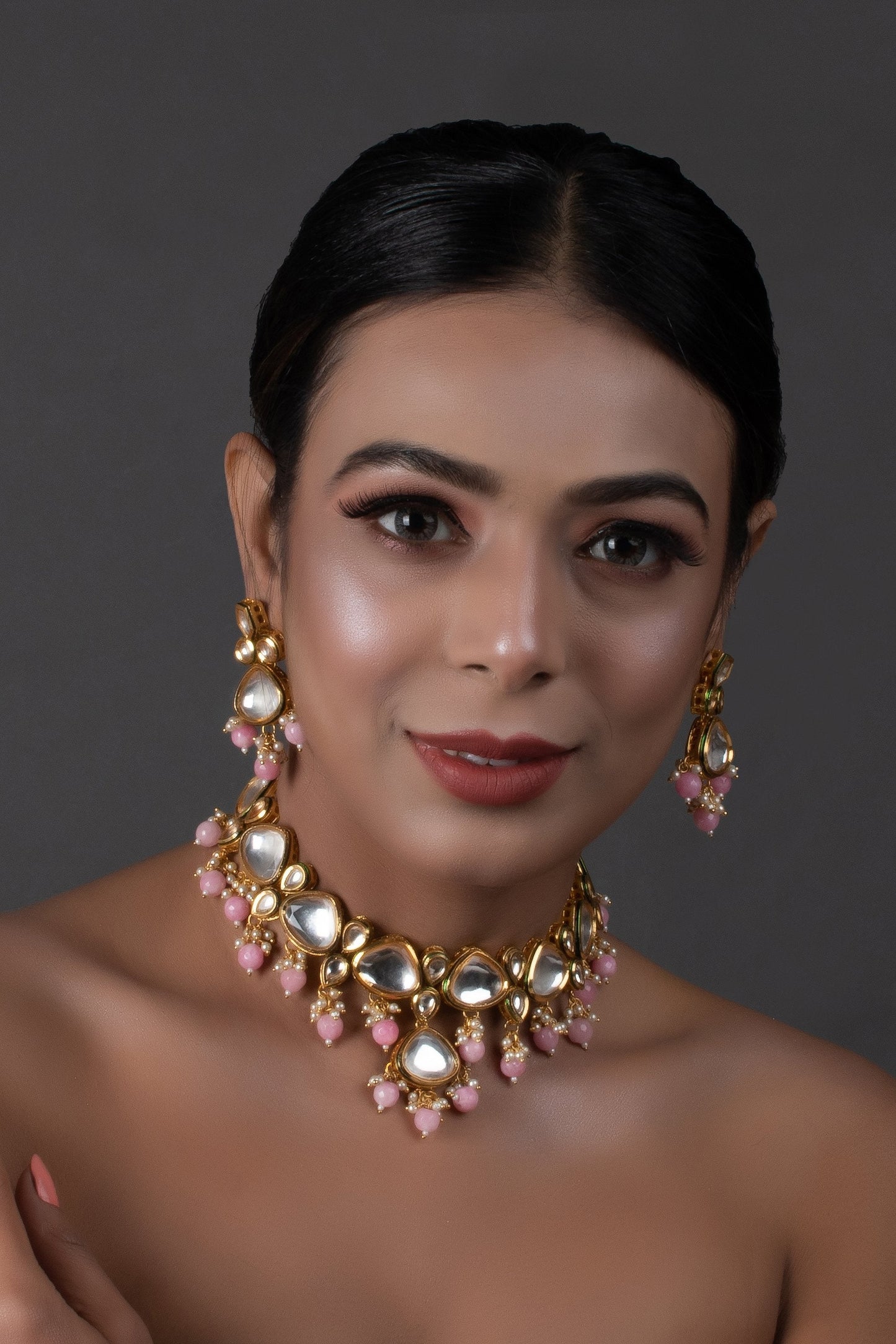 Peryl Women's Pearl & Pink Beaded Gold Tone Kundan Inspired Necklace With Earrings - Swadesiicart