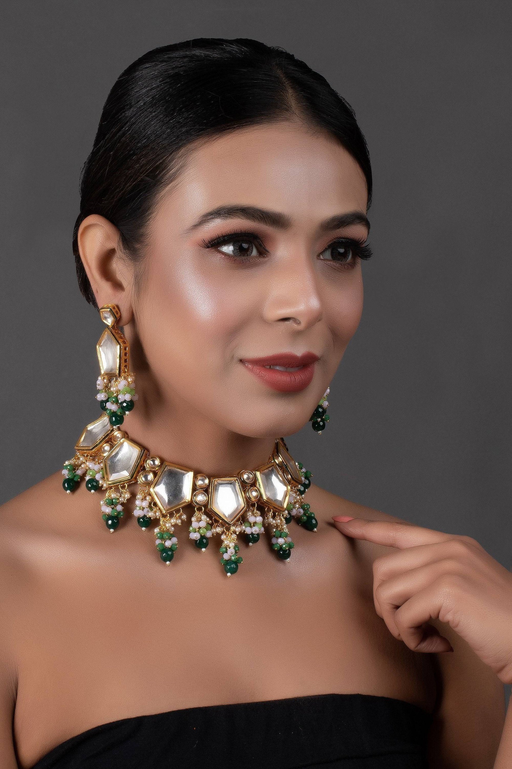 Peryl Women's Green Gold Toned Handcrafted Kundan Necklace Set - Swadesiicart