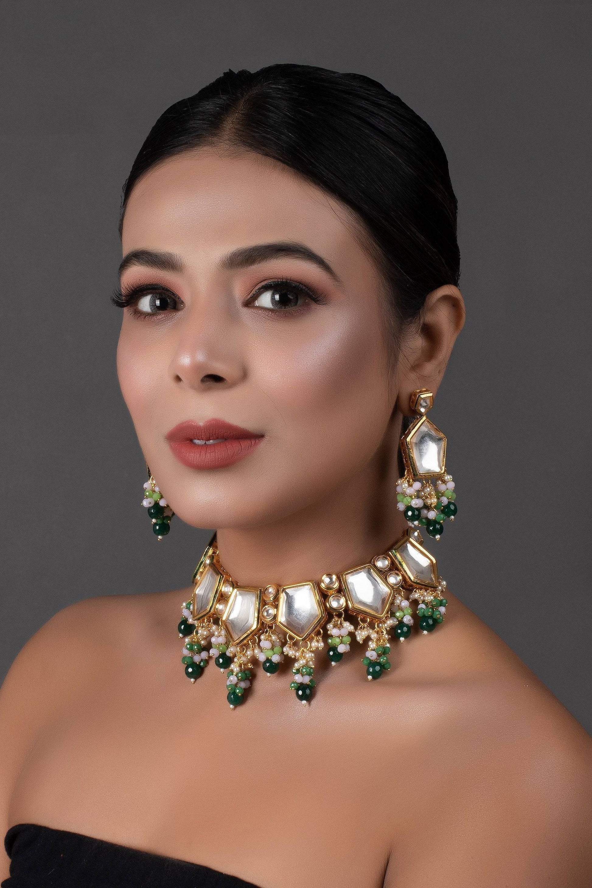 Peryl Women's Green Gold Toned Handcrafted Kundan Necklace Set - Swadesiicart
