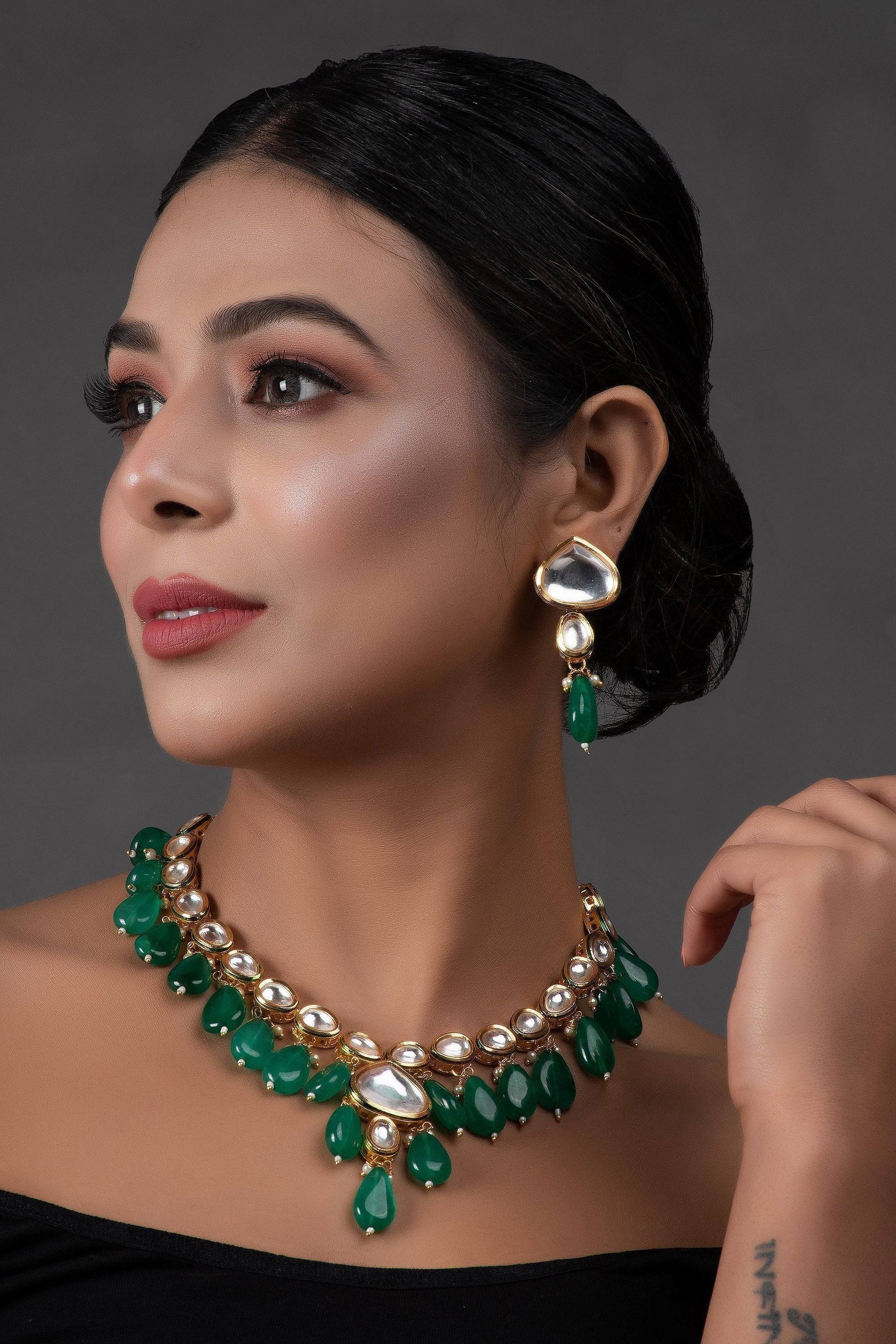 Peryl Women's Emerald Beaded Gold Toned Kundan Inspired Necklace With Earrings - Swadesiicart