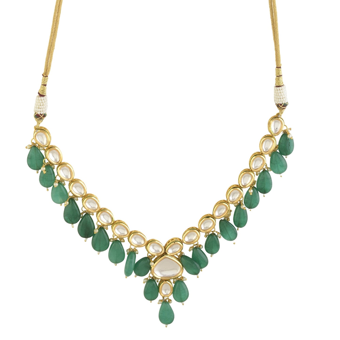 Peryl Women's Emerald Beaded Gold Toned Kundan Inspired Necklace With Earrings - Swadesiicart