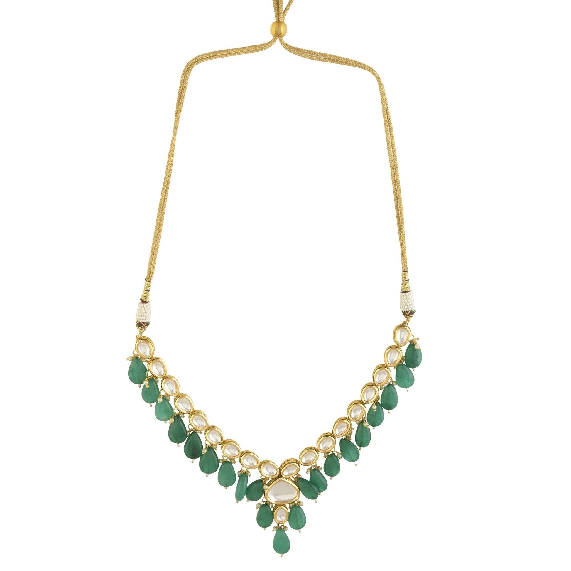 Peryl Women's Emerald Beaded Gold Toned Kundan Inspired Necklace With Earrings - Swadesiicart