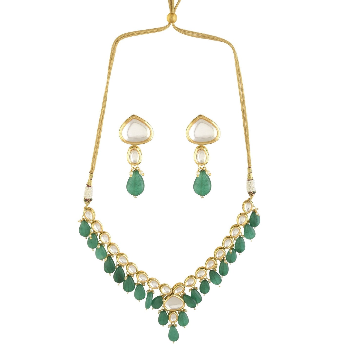 Peryl Women's Emerald Beaded Gold Toned Kundan Inspired Necklace With Earrings - Swadesiicart