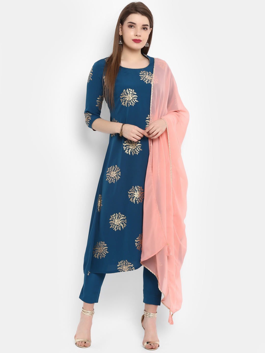Janasya Teal Poly Crepe Gold Print Set | Swadesiicart